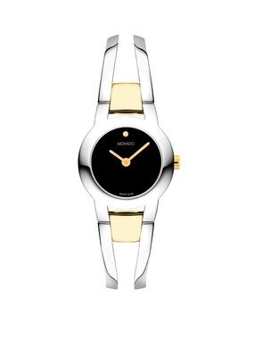 Movado Two-Tone Silver and Gold Bangle Watch with Black Dial
